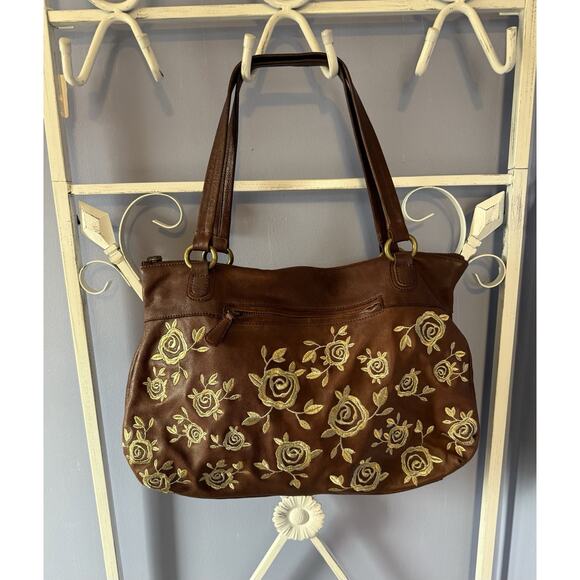 Anthropologie Brown Leather Bag With Gold Rose Embroidered Fairy Princess - Picture 7 of 10
